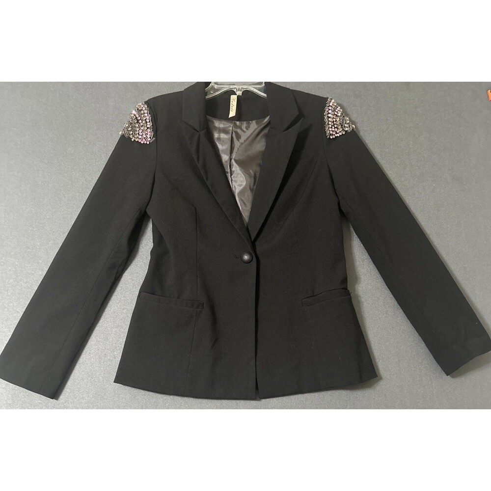 Andrée by Unit Black Blazer Jacket Rhinestone Shoulder Embellished Women's